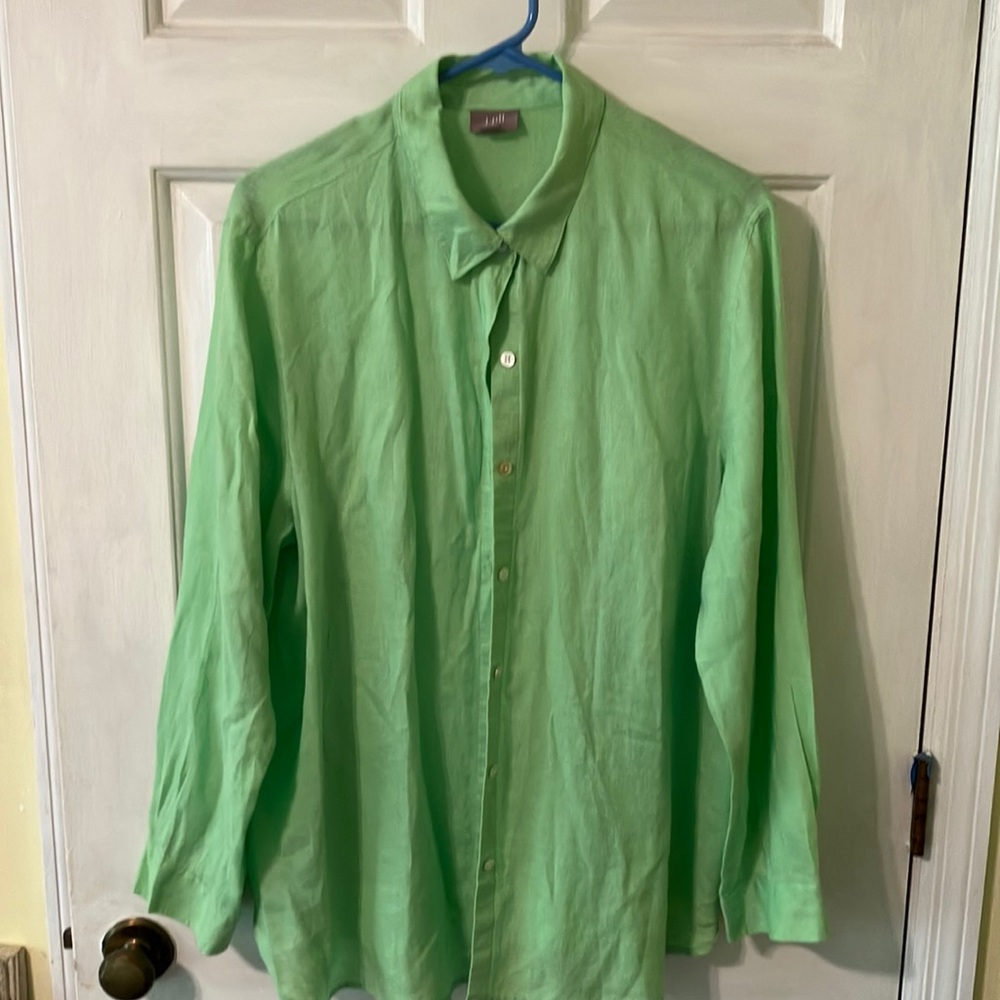 J Jill apple green “boyfriend” l/s linen shirt L